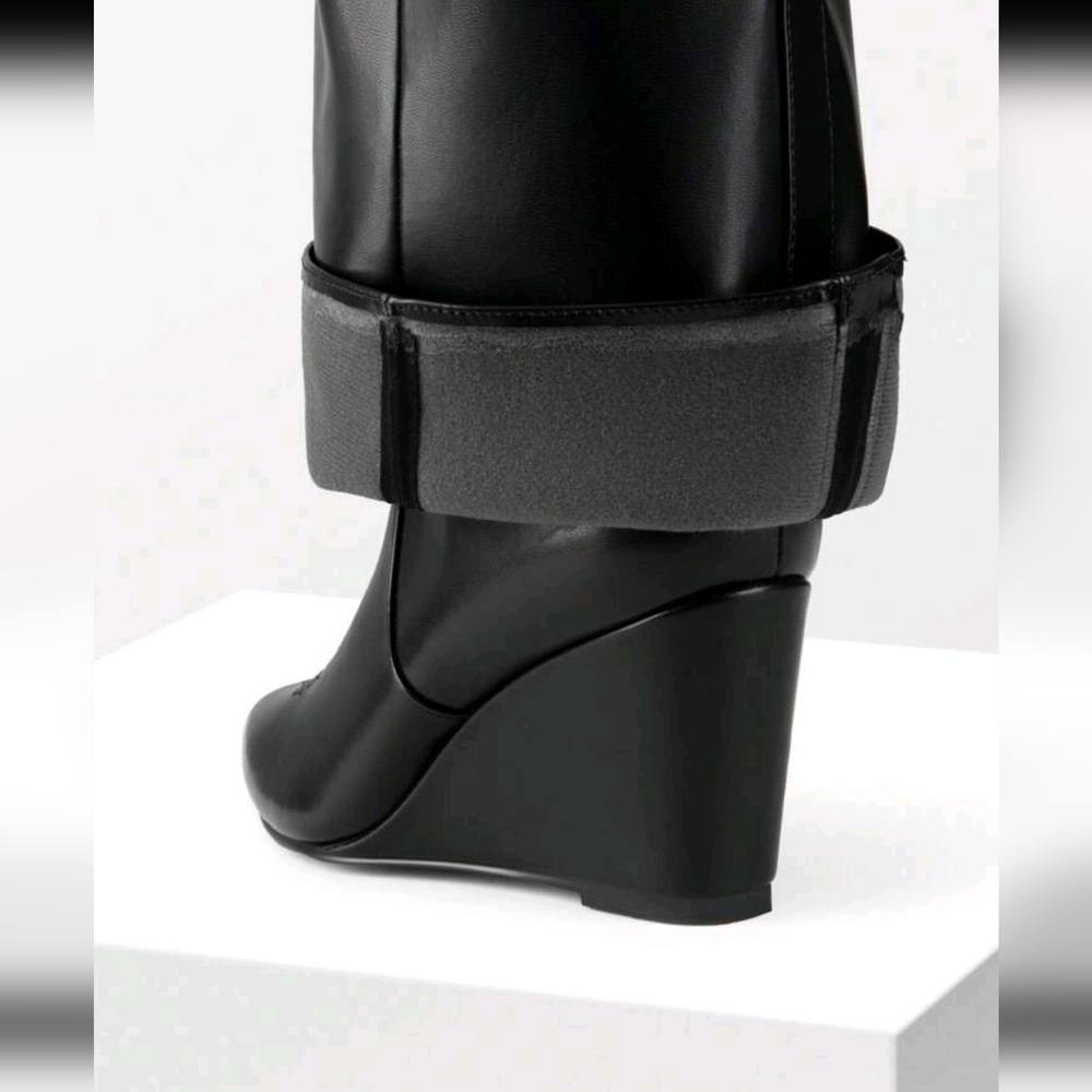 Women's Fold Over Pointed Toe Wedge Heels Knee High Boots Fashion Padlock Buckle - Picture 8 of 8
